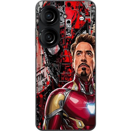 Kompatibelt Mobildeksel til Asus Zenfone 10 Dynamisk kollasjeillustrasjon med superhelt i rød rustning, tegneseriepaneler og intens handling i en graf