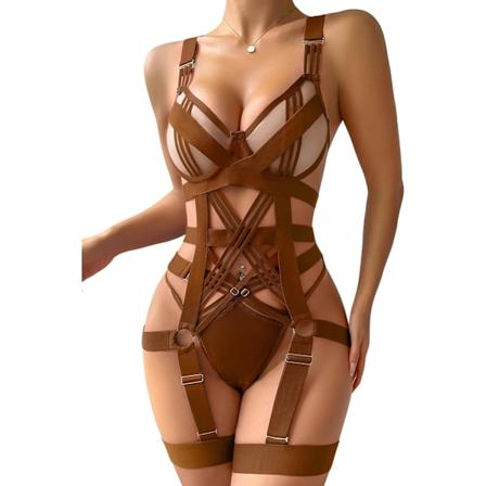 osy Sexy Underwire Søt Transparent Kawaii Strømpebånd Undertøy Set BH og Truser 3 Deler Cut Out Kaffe B Stor