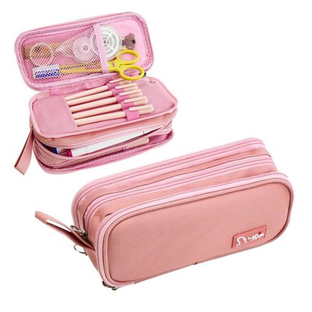 Stor blyantveske med stor kapasitet, pennveske med 3 rom, stor rosa