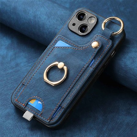 Fodral för iPhone 14 blått korthållare ring spänne PU-läder