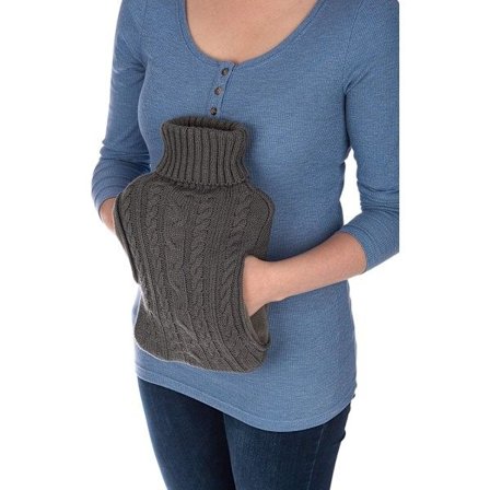 2L Varmtvandsflaske Kropsvarmer med Lomme - til Ryg Nakke Skulder Ben Gigt Smertelindring Ømhed Kramper (Strikket Grå)