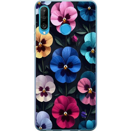 Kompatibelt Mobildeksel til Huawei P30 lite Dekorativt blomstermønster med fargerike pensélignende blomster og mørk elegant bakgrunn