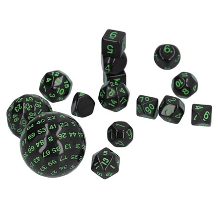 15 kpl D3–D100 monitahokkaista noppasarjaa, 3–100 sivua, taikanoppien heittosetti, vihreä