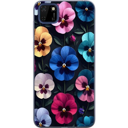Kompatibelt Mobildeksel til Huawei Y5p Dekorativt blomstermønster med fargerike pensélignende blomster og mørk elegant bakgrunn
