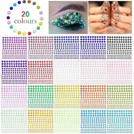 Set med 3300 självhäftande strass - 4 storlekar 20 färger - för