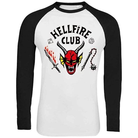 Stranger Things Hellfire Club Raglan Genser | Rød Demon Logo | Svarte & Hvite Ermer CB01 L CB01 L CB01 L