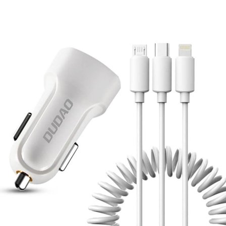 Dudao 2x USB 2.4A Laddare + 3in1 lightning/Type C/micro USB Vit