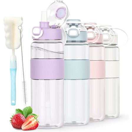 Drikkeflaske med sugerør, 1l med flaskebørste og klistremerke, lekkasjesikker drikkeflaske, BPA-fri gjennomsiktig vannflaske
