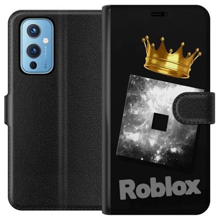 Kompatibel Tegnebogsetui til OnePlus OnePlus 9 Minimalistisk sort og sølvfarvet Roblox-symbol med gylden krone og luksuriøs gamer-æstetik på mørk
