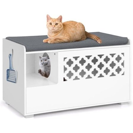 COSTWAY kattetoilethus med aftagelig pude, affaldsboksmøbler med sidekrog og foldedør, hvid