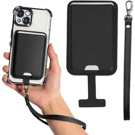 Kompatibel med magnetisk Schwarzmagsafe lommebok i skinn, med metallring for feste på alle telefondeksler, RFID-kortholder med bærerem, lommebok