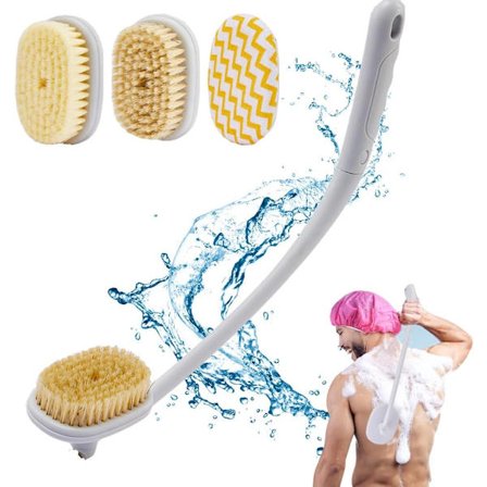 Rygskrubber Kropsbørste Langt Håndtag til Bad, 3 i 1 Badebørste Eksfoliering, Stive Børstehår og Eksfolierende Børstehoved
