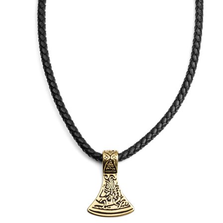 Collana norrena con rune incise dorate e cordino in pelle nera per uomini - Collane con Martello di Thor