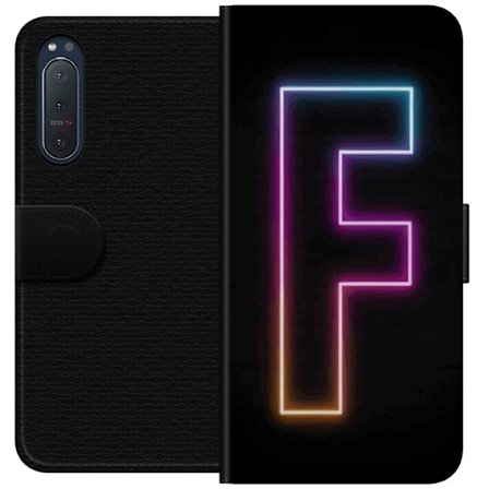 Kompatibel Tegnebogsetui til Sony Sony Xperia 5 II Neonbogstav F i lyserød, blå og gul lyskanter mod en mørk baggrund, grafisk bogstavillustration
