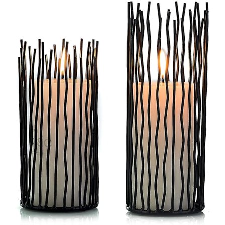 Sæt af 2 Metal Søjlelysestager, LED Flammeløse Elektroniske Sorte Bordlysestager