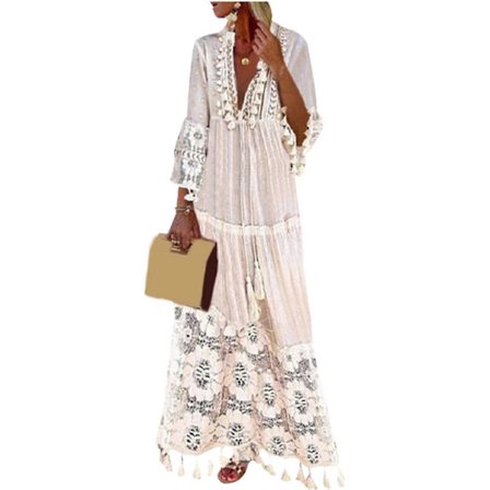 Bohemsk stil dame V-hals Gradient Farge Ruffle Langermet Flytende Strandkjole For Kvinner