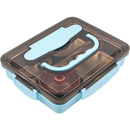 304 Ruostumattomasta teräksestä valmistettu Bento-rasia ja ruokailuvälineet Syömäpuikot Lusikka, Tiivis 2000 ml 4 lokeroa ja kulho, Sininen väri