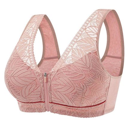 Sport-BH med dragkedja framtill, trådlös spets-BH med full täckning, T-shirt-BH - Rosa