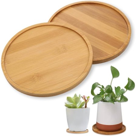 2 st Träbrickor, 15,5 cm Rund Bambubricka för Plantering, Blomma Kruka Plantfat Droppbricka för Inomhus Utomhus Trädgård