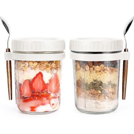Overnight Oats-burkar med sked och lock 473 ml [2-pack], lufttäta havregrynsbehållare med mätmarkeringar, glasburkar med lock (2 st vita)-Jan-[JUN]