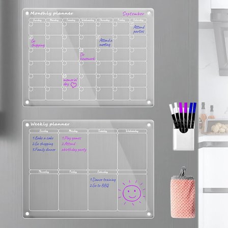 Akryl Magnetisk Måneds- og Ugekalender til Køleskab, Klart Sæt med 2 Whiteboard Kalender Genanvendelig Planlægger (16x12" Tommer)