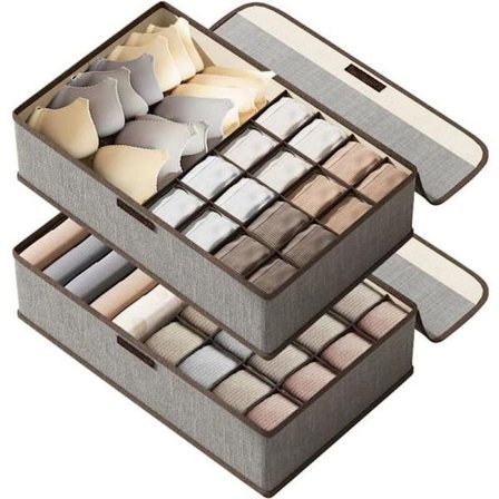 2 stk. oppbevaringsbokser i stoff med lokk, undertøyskufforganisator, klesskufforganisator med 17 rom