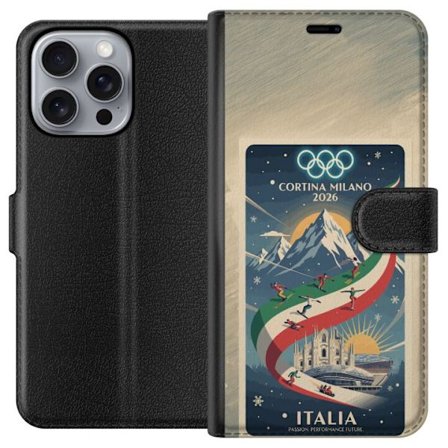 Kompatibelt Lommeboketui til Apple iPhone 16 Pro Max Skiskytterillustrasjon med skiløper som sikter med gevær på en snødekt løype, teksten Milano Cort