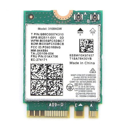 Dual Band Trådlös för Intel 3168 3168ngw 433mbps Bluetooth 4.2 802.11ac Ngff Wifi Nätverkskort