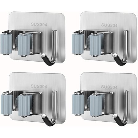 4 stk. vægmonteret kosteskaft, SUS304 selvklæbende rustfrit stål vægmonteret koste med kroge, moppeholder til badeværelse køkken have balkon kontor (