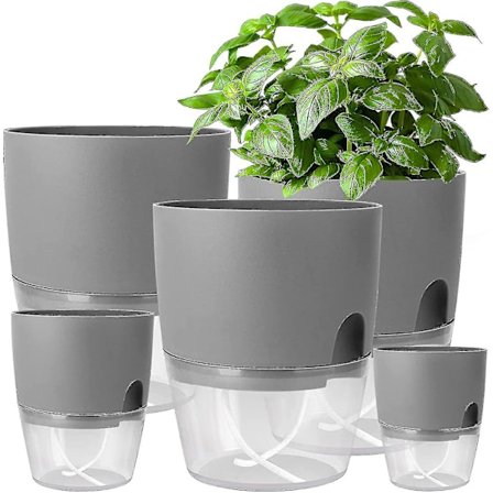 Urtepotte Køkkensæt Vindueskarms Selvvandet Sæt Af 5 Urtehave Til Køkkenet, 15,3/10,5/8,2cm, Til Friske Køkkenurter, Grå Hy