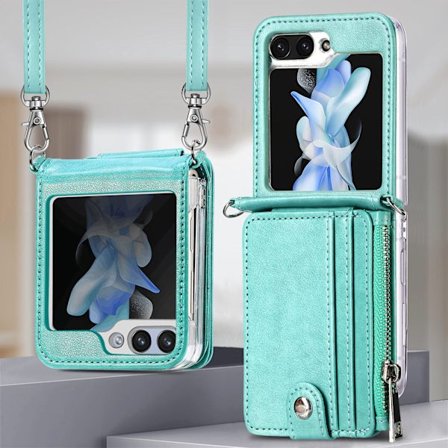 Samsung Galaxy Z Flip 5 - Plånboksfodral i Retrostil av PU-Läder med Korthållare och Halskedja