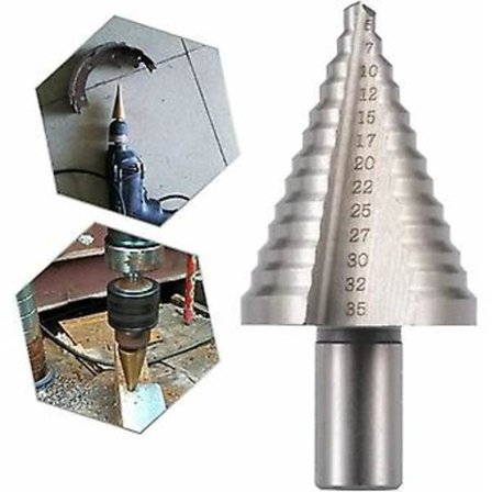 Stegborr i höghastighetsstål, titan, triangulärt runt handtag, stegkonborr, borr [13 steg: 5-35 mm] silver