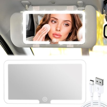 Bil Solskærm Spejl, Bil Makeupspejl med 3 Lysindstillinger, Genopladeligt Bil Makeupspejl til Bil Solskærm, Bærbart LED Bil Spejl, Hvid