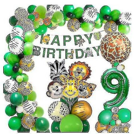 Djungel Safari Tema Festdekorationer 67 st/set Inklusive Djurfolieballonger, Grattis På Födelsedagen Banner-9 (Nummer 9)