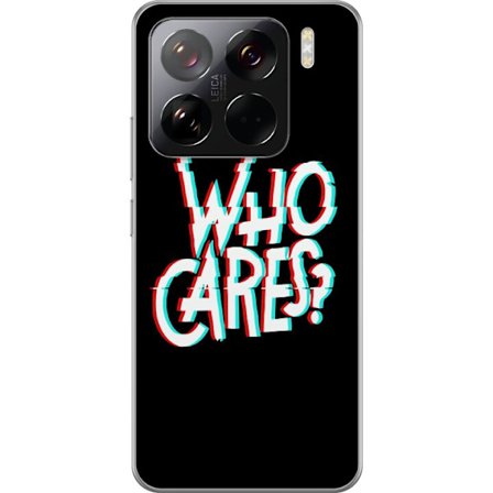 Kompatibel Mobilcover til Xiaomi 15 Pro Glitchtypografi med teksten "who cares" i rødt og cyan på en sort minimalistisk baggrund.