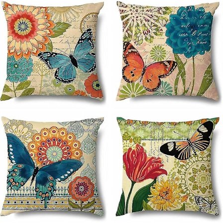 4 Pakke Dekorative Dobbeltsidige Blomsterputetrekk Vanntett Fargerik Sommerfugl Blomst Pynteputer Dekorativ Bomullsputetrekk Kvadratisk Putetrekk Hage