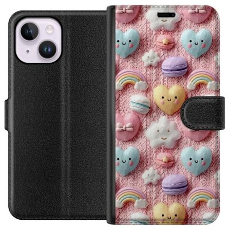 Kompatibel Tegnebogsetui til Apple iPhone 14 Plus Pastelmotiv med hjerter, skyer, regnbuer og macarons mod lyserød baggrund i en sød drømmende stil.