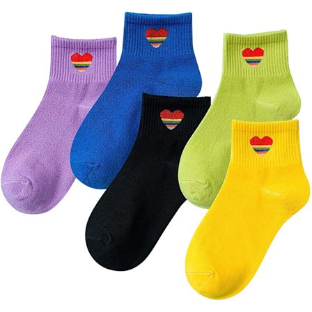 5 par dam strumpor med roliga djurmotiv - låga, osynliga bomullsstrumpor för kvinnor - regnbågshjärta - 5 par