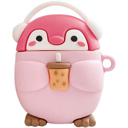 Søt Kawaii holder melketekopp som nyter musikk headset pingvin øretelefonetui for AirPods 1/2, myk gummisilikon - rosa