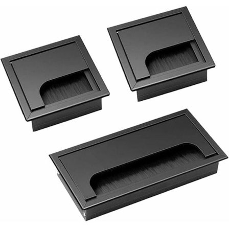 3-pakning Svart Aluminiumlegering Firkantet Kabelgjennomføring 80x80mm & 160x80mm for Skrivebordskabelhåndtering