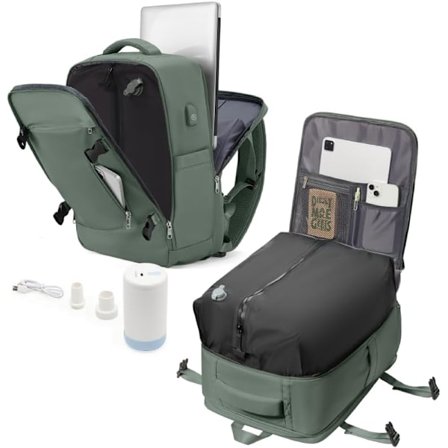 Vakuumoppblåst Kabin Flyreise Ryggsekk med Pumpe - Kompresjonspose med Airbag, USB-port, Vanntett Håndbagasje - Grønn