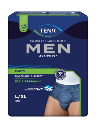 Tena MEN Pants Active Fit Plus, Large/X-Large, blå, 10 stk.