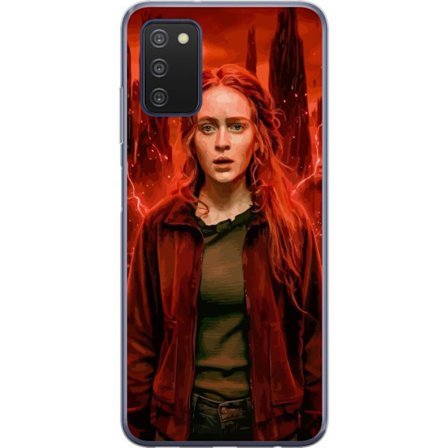 Kompatibelt Mobilskal till Samsung Samsung Galaxy A03s Porträtt av en ung kvinna med rött hår i en apokalyptisk landskap, röda blixtar och mörka