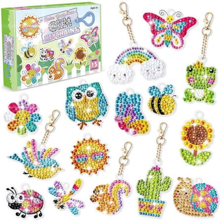 ING Diamantmaleri Sæt til Børn, 15 Stykker DIY Diamantkunst Nøgleringe, Diamantmaleri Nøglering, Ideel Gave, Egnet til Børn i Alderen 3+