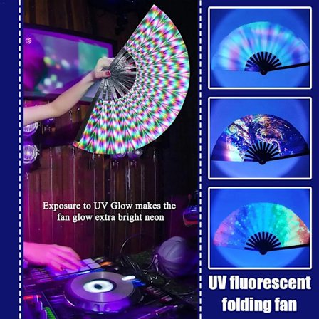 UV Glow Rave -viuhka, liukuvärjätty, värikäs, heijastava, kokoontaitettava viuhka, bambu, kokoontaitettava, napsahtava käsiviuhka miehille ja naisille