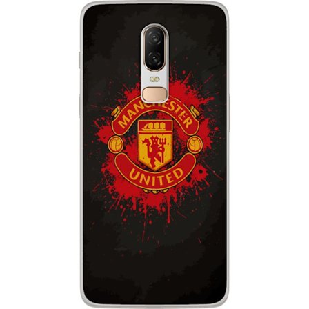 Kompatibelt Mobildeksel til OnePlus OnePlus 6 Manchester United logo i rød og gul farge med røff sportslig bakgrunn