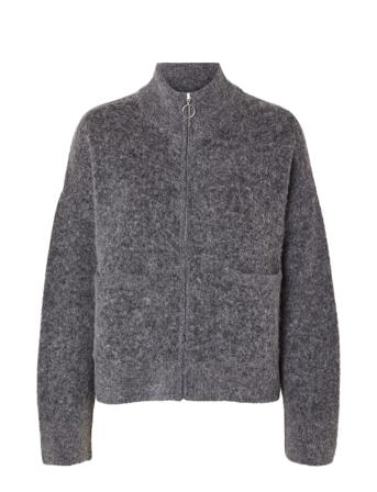 Selected Femme Slfsia Ras Ls Knit Zipper Cardigan Noos Grå