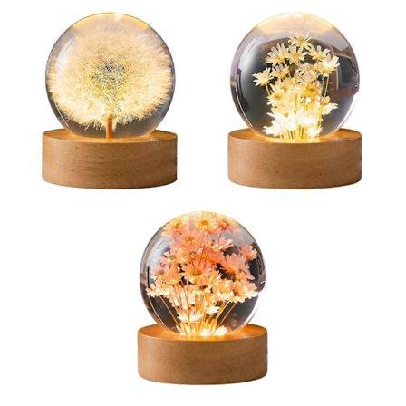 Blomsterkrystalkuglelampe, Glaskugle natlampe med træsokkel, Gaver til kvinder