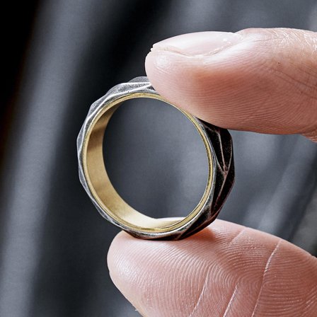 Bague en acier doré & noir vintage Pearce Crux pour hommes - Bagues en acier