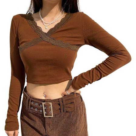 Dam långärmad spets skjortor färgblock lapptäcke korta toppar besättning kvinnlig Y2k 2021 mode streetwear tees